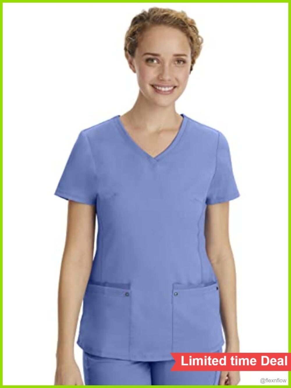 Women's V-Neck Scrub Top with Pockets, Stretch Knit Side Panels, Medical Uniform